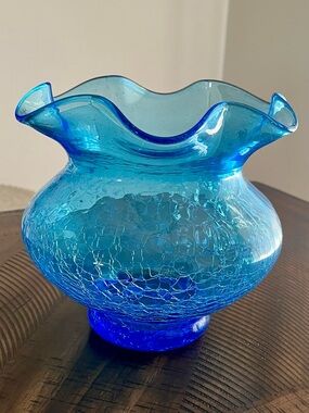 Vintage Hand Blown Ruffled Crackle Glass Vase Blue